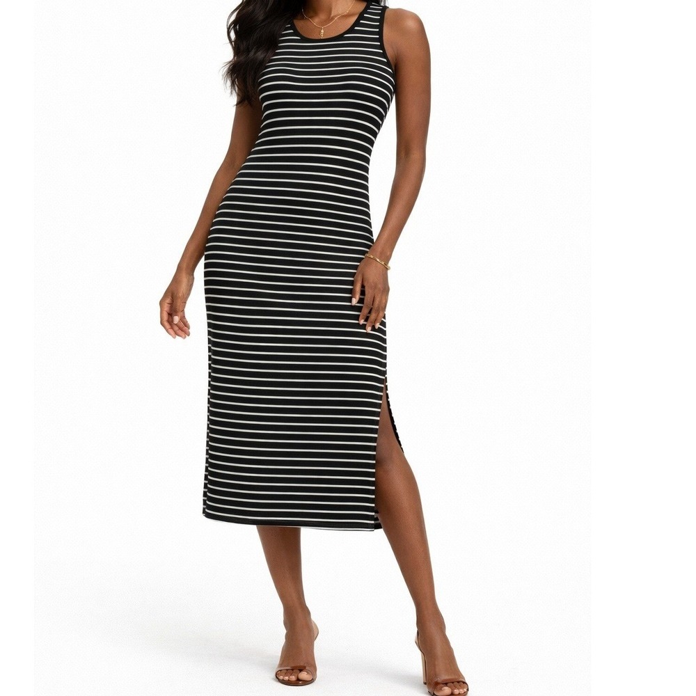 POSH Women Black White Striped Cotton Tank Midi Dress Side Slit Large L‎